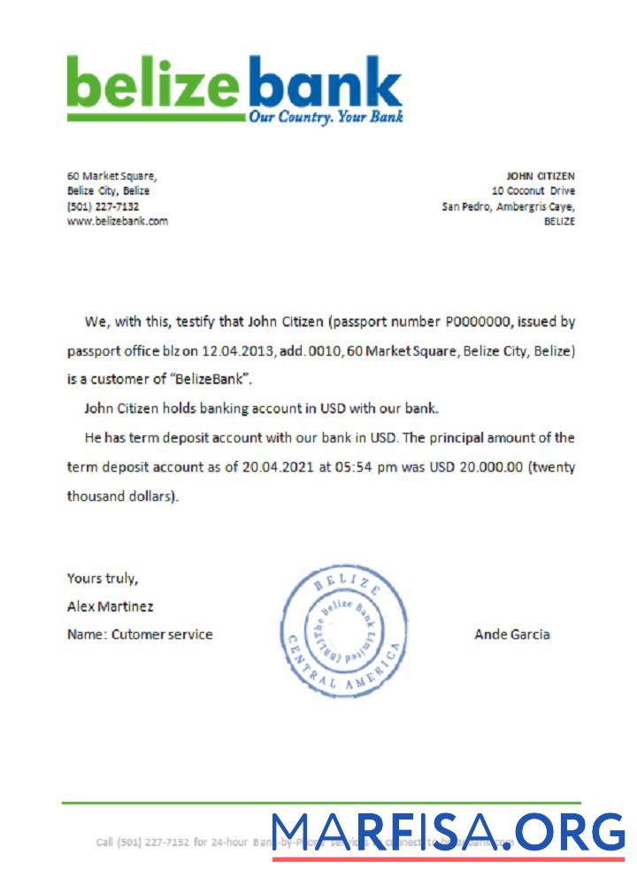 Printable Belize Belizebank reference download for verification